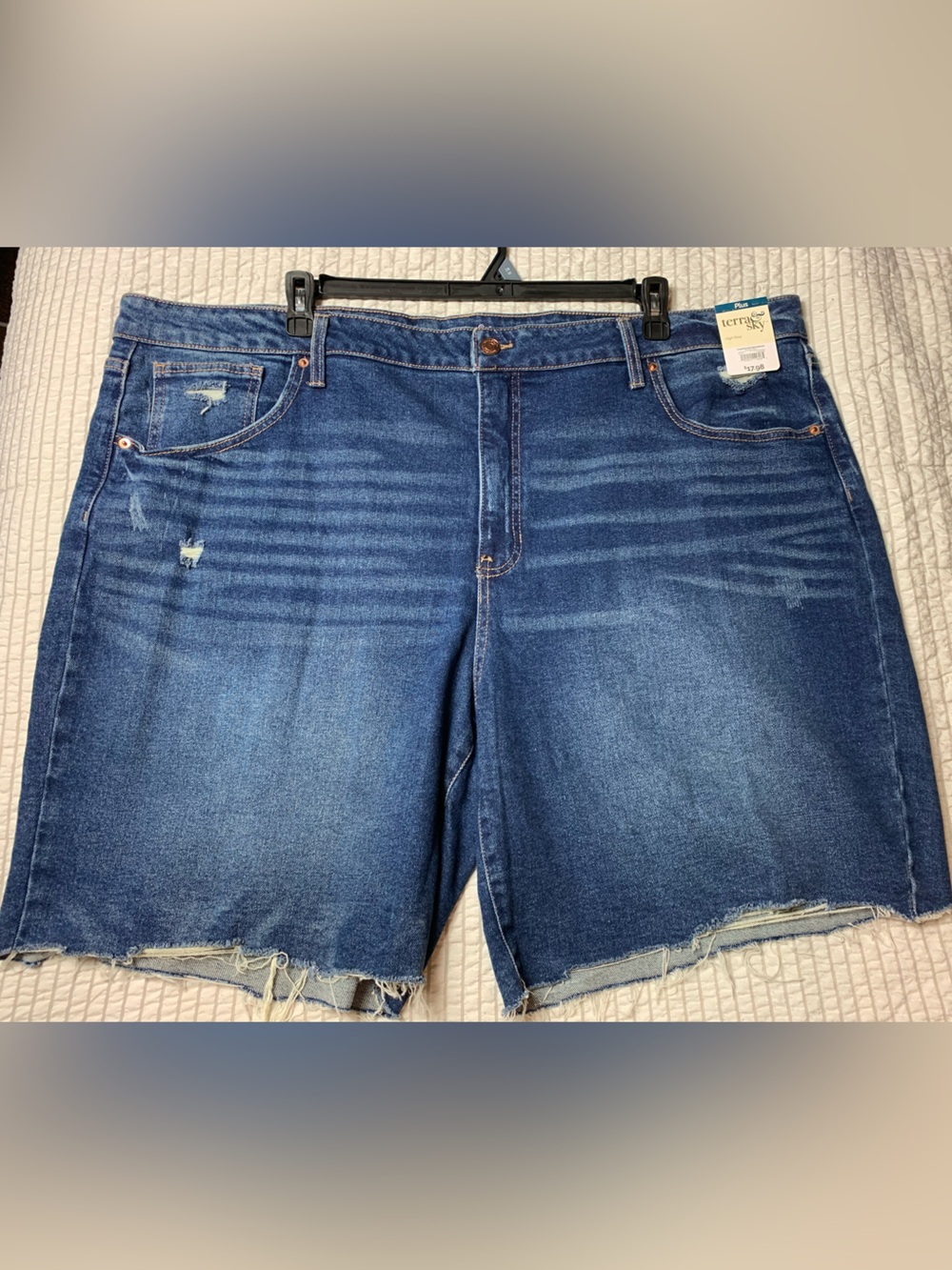 Terra & Sky Plus Size 26W Blue Distressed Denim Bermuda Shorts